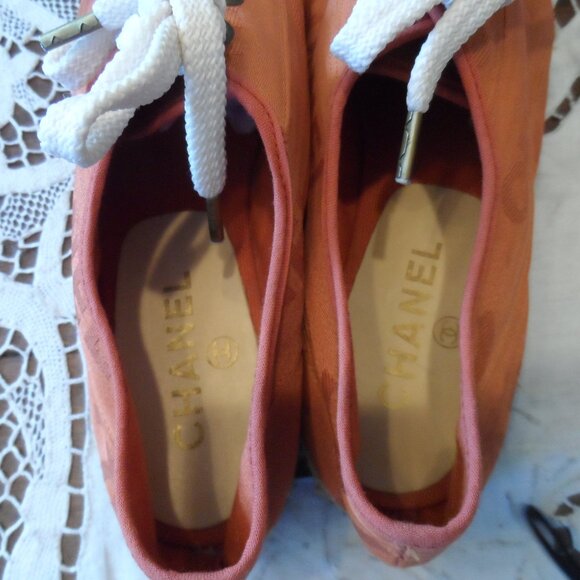 New Chanel Orange Signature Logo Canvas Lace Up Espadrilles Size 37B - Picture 11 of 16